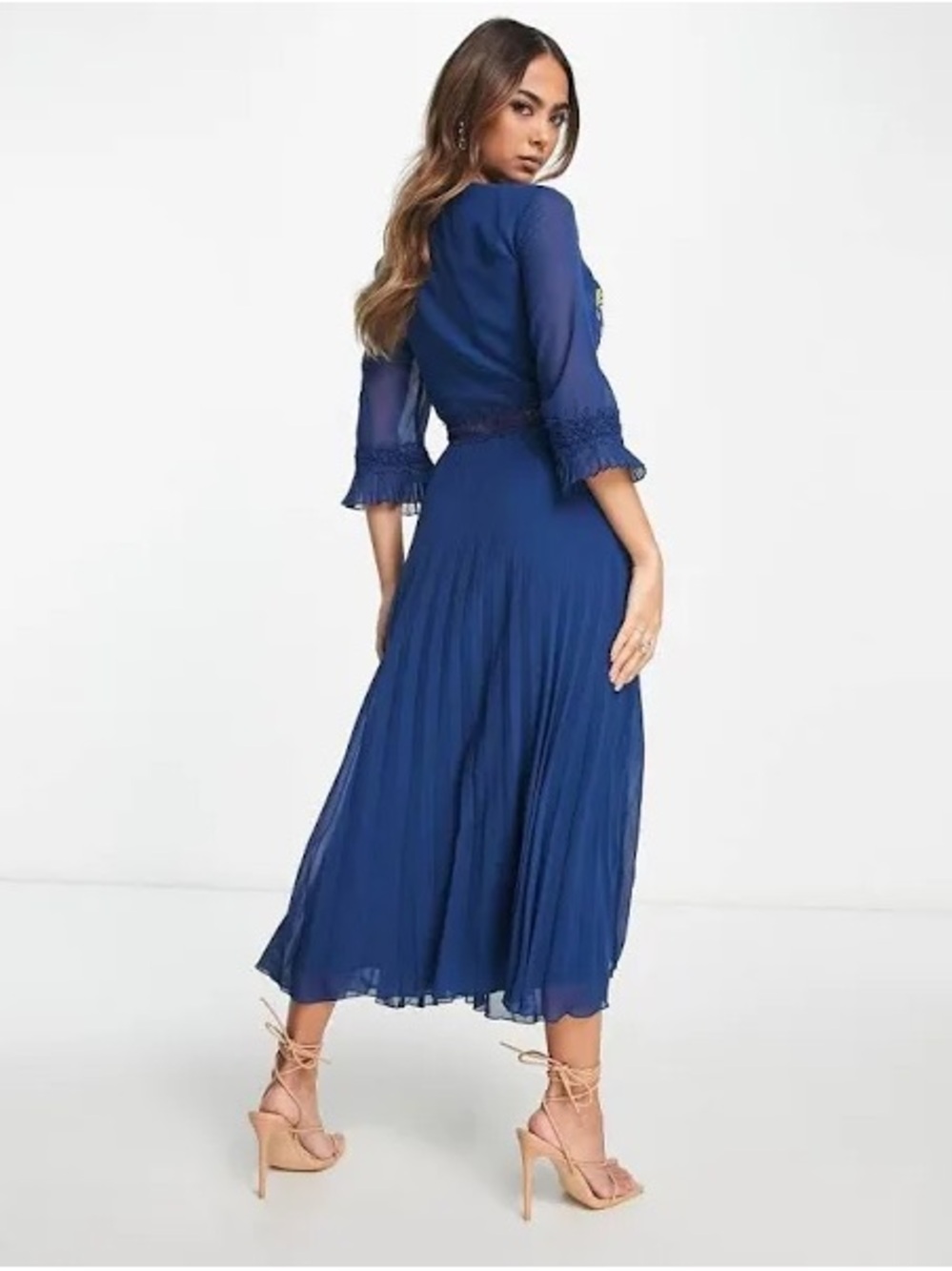 ASOS Embroidered Navy V-Neck Pleated Midi Dress - Picture 3 of 9